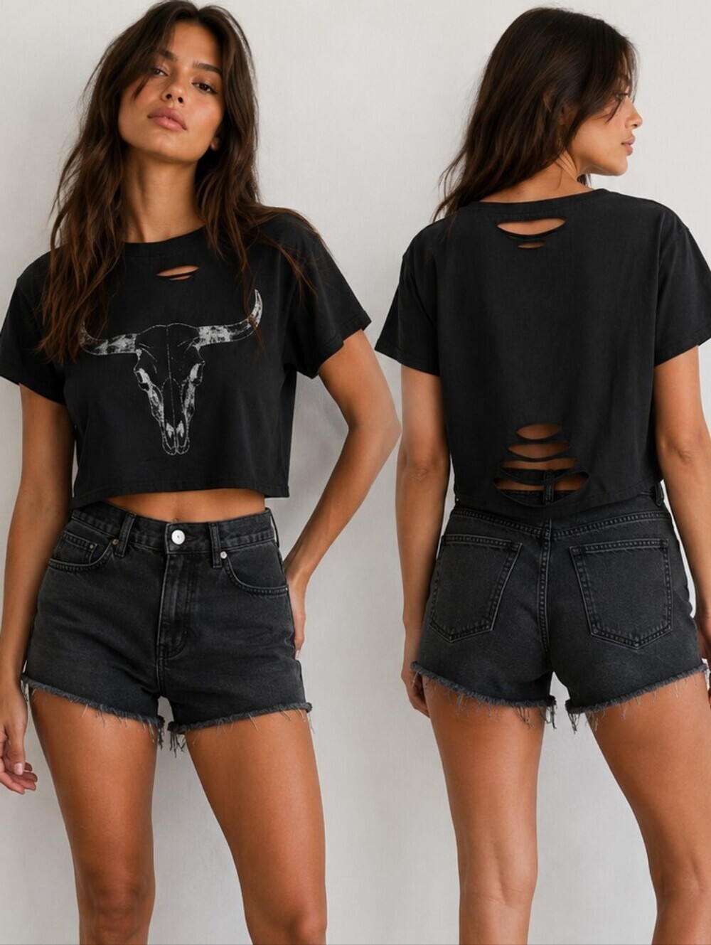 Cowgirl Shirt Medium Western Cow Skull Graphic Distressed Crop Top Black Boho